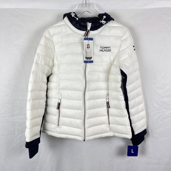 Tommy Hilfiger Jackets & Blazers - Tommy Hilfiger Womens Packable Hooded Puffer Jacket White Navy Blue Size Large